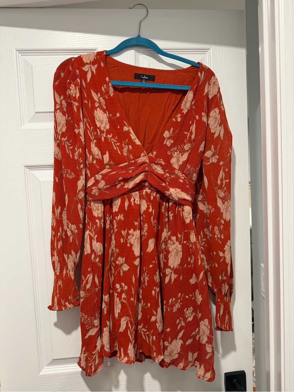 Lulu's Rust Red Floral Twist-Waist Mini Dress